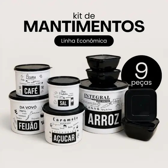 Kit 9 Potes Para Mantimento Linha ECONÔMICA - 5 Mantimentos + 4 Marmitas Quadradas 500ml - Despensa