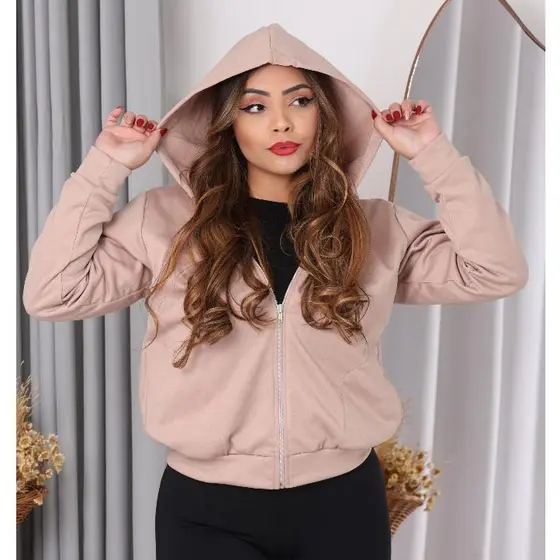 Blusa Casaco Moletom Liso Basico com Zíper Colorido Variedade Cores Tecido Poliéster Moda Casual