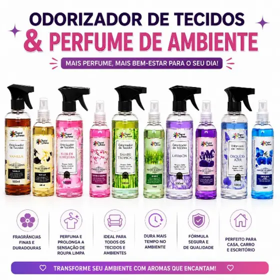 Kit Água Perfumada + Odorizador de Tecidos 500ml Aromatizador Ambiente Casa Cortina Sofá Cama