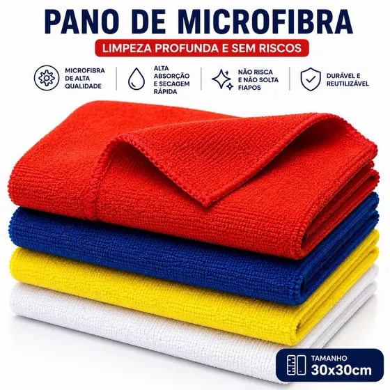 Kit 4 Panos de Microfibra Multiuso Limpeza Automotiva Cozinha Vidros Alta Absorção 30x30cm
