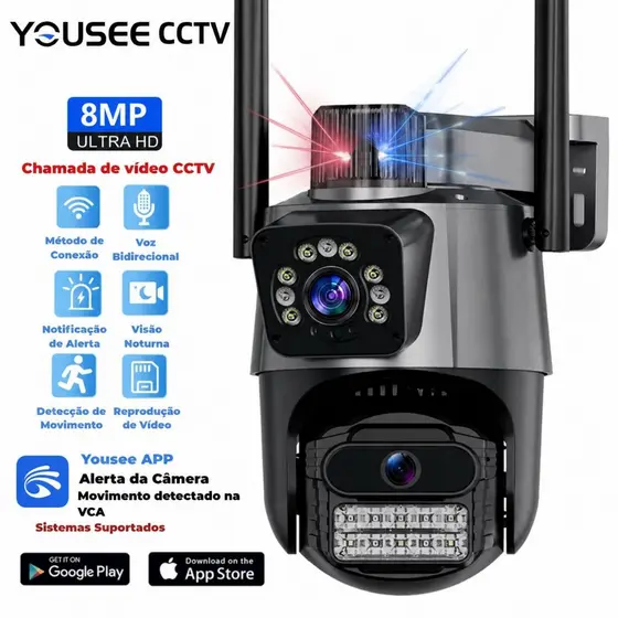 JL PROTEC 4K 8MP Câmera de Segurança 2 Lentes Com Audio e Microfone Câmera 355 Graus Wifi