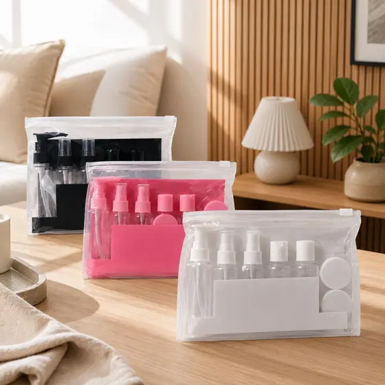 Kit 10 ou 9 Frascos para Viagem Higiene Bolsa Organizadora Transparente Perfume Shampoo Multiuso