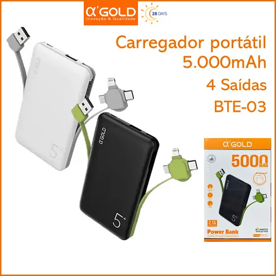 Bateria Portátil Power Bank com 2 cabos embutidos 5000mah A'GOLD BTE-03