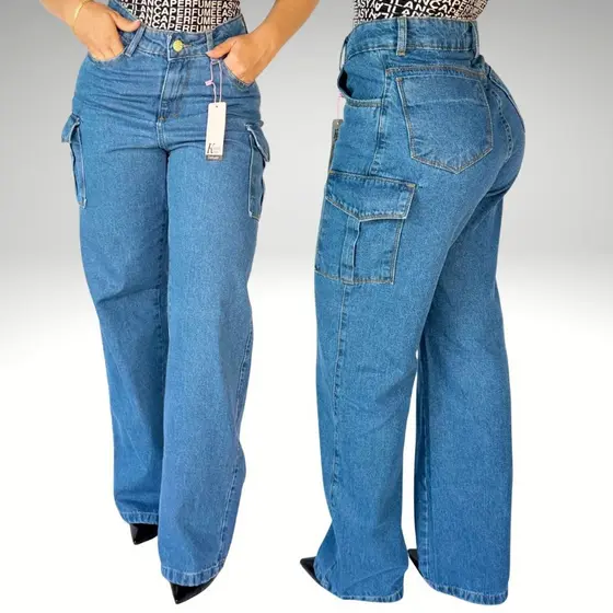 calça jeans cargo feminina SEM ELASTANO 100% algodão super tendencia elegante moderna versatil cintura alta