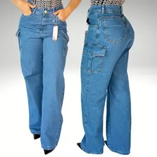calça jeans cargo feminina SEM ELASTANO 100% algodão super tendencia elegante moderna versatil cintura alta