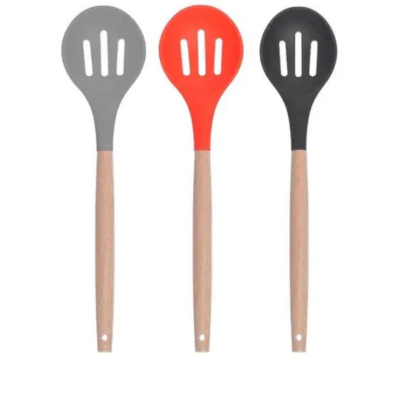 Colher Vazada para Arroz Silicone com Cabo de Bambu 32cm Utensílio de Cozinha