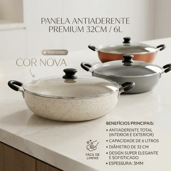 Panela Frigideira Wok Grande Antiaderente Tampa De Vidro N°32/28 Alumbella