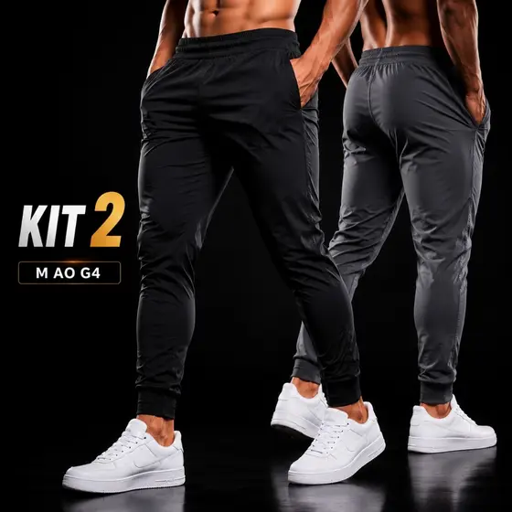 KIT 2 Calça Jogger Plus Size Tactel com Elastano para Treino Esportiva Masculina com Punho