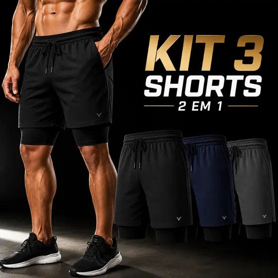 KIT 3 Shorts 2 em 1 DryFit VLS Original Elastano Academia Esporte Treino Masculino