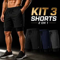 KIT 3 Shorts 2 em 1 DryFit VLS Original Elastano Academia Esporte Treino Masculino