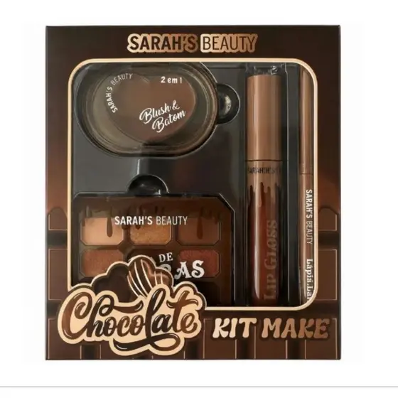 Kit Make Chocolate Blush e Batom+Paleta de Sombras + Lip Gloss + Lápis Labial- Sarah’s Beauty