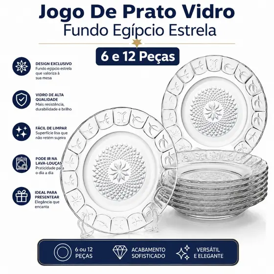 Jogo De Prato Vidro Fundo Egípcio Estrela 6 e 12 Peças Transparente Resistente Jantar Bem Embalado