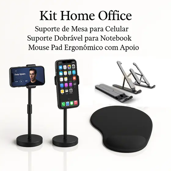 Kit Home Office Suporte Celular Mesa Suporte Notebook Mouse Pad Ergonômico Ajustavel Estudos