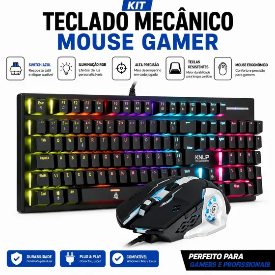 Kit Teclado Mecânico Mouse Gamer Switch Led Rgb 7 Cores Anti Ghosting Usb Pc Computador Notebook