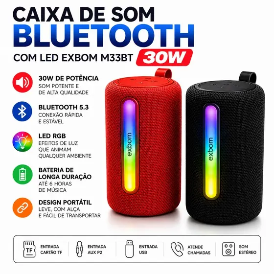 Caixa de Som Bluetooth Com Led Exbom M33BT Portátil de 30W RMS MP3 Player/FM