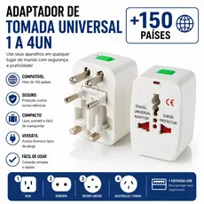 Adaptador Tomada 1 a 4un Universal Padrão Internacional e USB 150 Países Viagem Bivolt