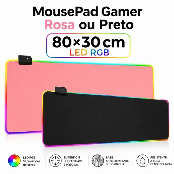 MousePad Gamer RGB LED 80x30cm Rosa ou Preto Extra Grande Antiderrapante 11 Modos