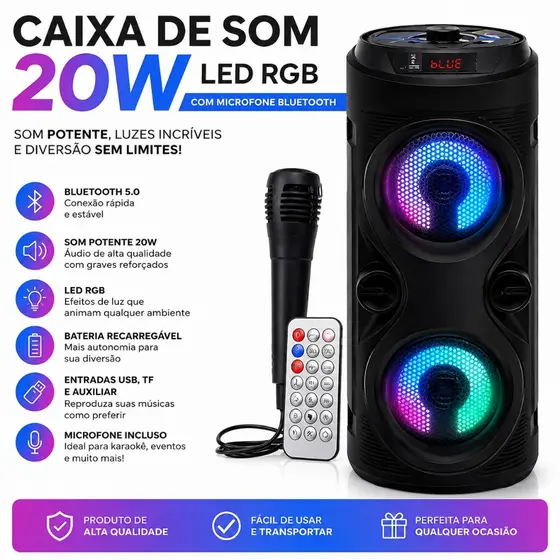 Caixa De Som Com Microfone Portátil Bluetooth Rádio Fm Usb Sd Controle Remoto Microfone Torre Preta