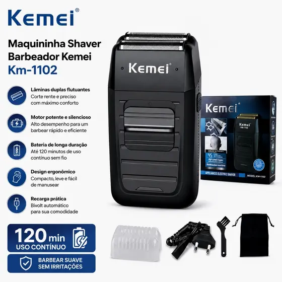 Maquininha Shaver Kemei KM-1102 Barbeador Elétrico Recarregável Bivolt