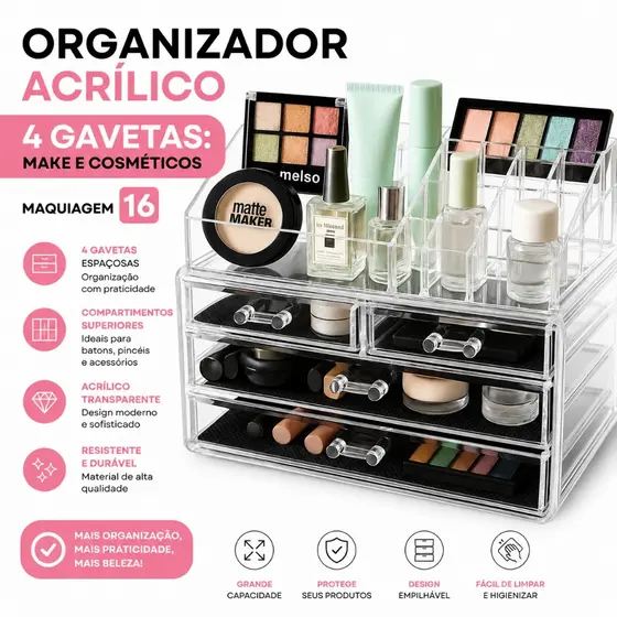 Organizador Acrílico 4 Gavetas: Make e Cosméticos, Maquiagem 16 Cavidades p/Organização Completa