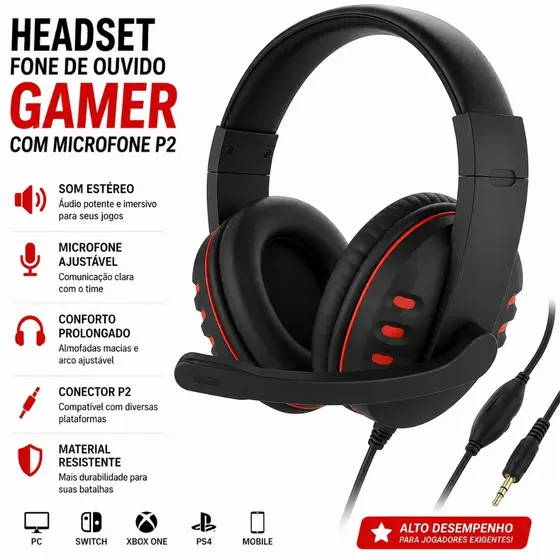 Headset Fone De Ouvido Gamer Com Microfone P2 Para PC Computador Headphone Videogame Celular