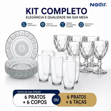 Kit 6 Copos ou Taça De Vidro + 6 Pratos Fundos Vidro Resistente Mesa Jogo Cozinha Refeição Decoração