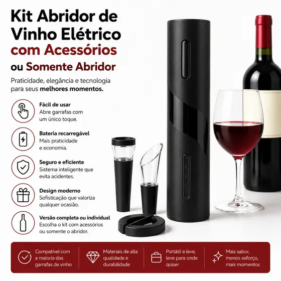 Kit Abridor De Vinho Elétrico Com Acessórios Ideal Para Saca Rolhas Elétrico Decanter Automatico