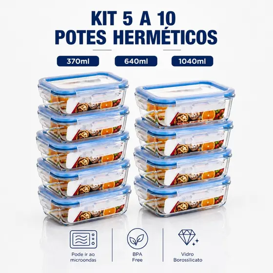 Kit 5 e 10 Potes De Vidro Hermetico Marmita Fit Mantimento Tampa 4 Travas, Microondas