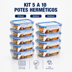 Kit 5 e 10 Potes De Vidro Hermetico Marmita Fit Mantimento Tampa 4 Travas, Microondas