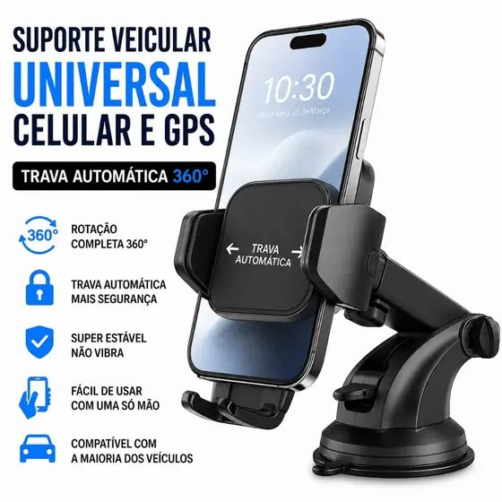 Suporte Veicular Universal Celular e GPS Trava Automática 360° Ajustável Ventosa Silicone Para Carro