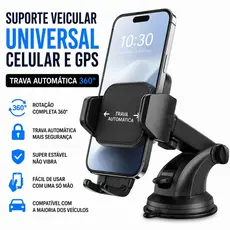 Suporte Veicular Universal Celular e GPS Trava Automática 360° Ajustável Ventosa Silicone Para Carro