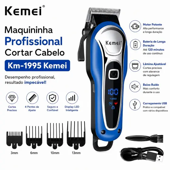 Máquina Cortar Cabelo Kemei KM-1995 Profissional Recarregável USB LCD