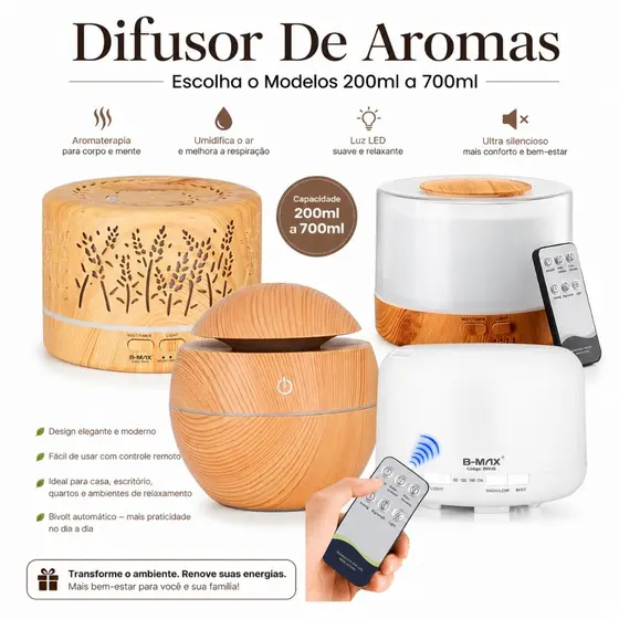 Difusor De Aromas Umidificador De Ar Ultra-Sônico 300Ml, 500ML, 700ml LED Madeira Aromatizador