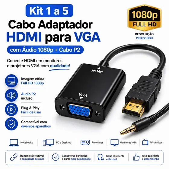 Kit 1 a 5 Cabo Adaptador HDMI para VGA com Áudio 1080p Cabo P2 Incluso Conversor para Monitor PC