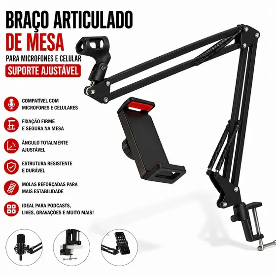 Braço Articulado de Mesa para Microfones e Celular Suporte Ajustável para Estúdio e Gravação