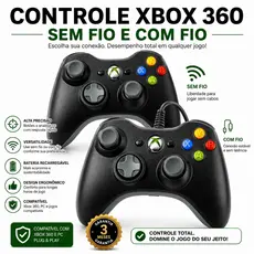 Controle Xbox 360 Sem Fio e Com Fio Preto Wireless Joystick Para Computador Ps3 e Android
