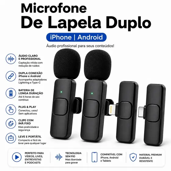 Microfone De Lapela Duplo iPhone Android Longo Alcance Tipo C Lighting Sem Fio Profissional K9