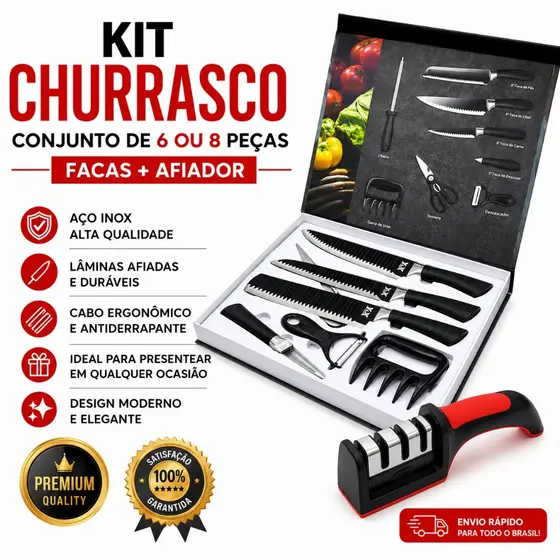 Kit Churrasco Conjunto de 08 Peças Facas Gourmet Corte Navalha Antiaderente Premium Presente Maleta