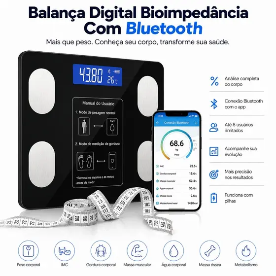 Balança Digital Bioimpedância Com Bluetooth Aplicativo Peso Analisador Corporal Gordura 180kg