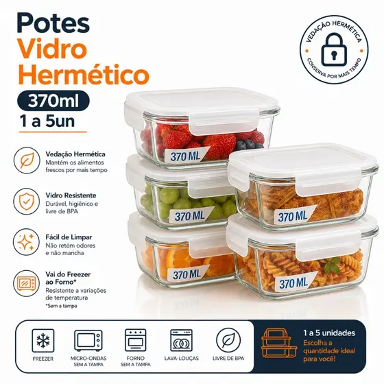 Potes Vidro Hermético 370ml 1 a 5un Mantimentos Marmita Armazenamento Alimentos Comida Refeição