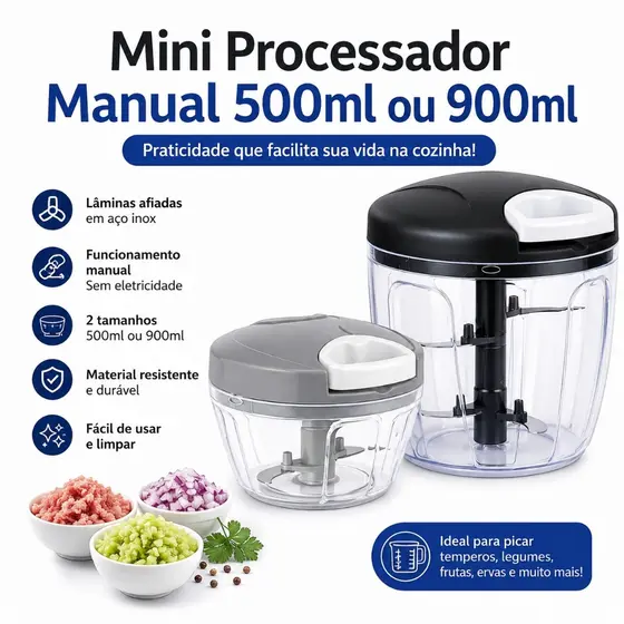 Mini Processador Manual 500ml ou 900ml Picador Triturador de Alimentos 3 ou 5 Lâminas Inoxminas Inox
