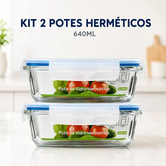 2 Potes Vidro Hermetico 640ml Marmita Armazenamento Mantimento Organizador Tampa 4 Travas  alimento