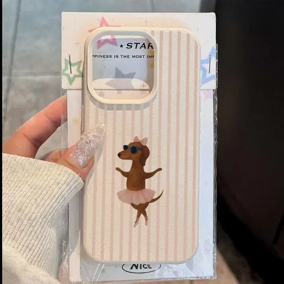 Listrado Ballet Dachshund Textura De Couro Caso Telefone Para IPhone 16 17 15 14 13 12 11 18 Pro Max Plus 16E XS Capa