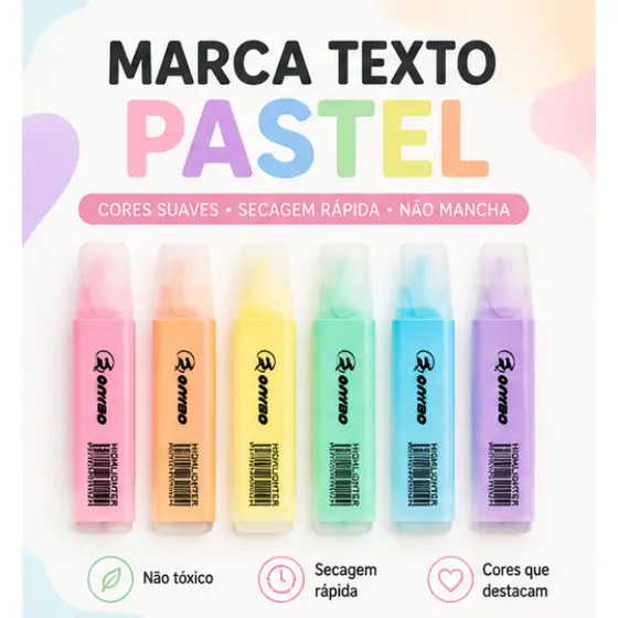 Marca Texto Pastel Kit 2, 3 ou 6 Cores Caneta Marca Texto Fluorescente Escolar