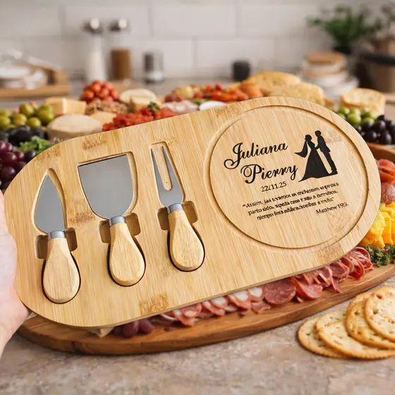Kit Petisqueira em bambu com 3 utensílios Minimalista Personalizada com foto e nome