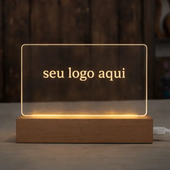 Luminária LED Personalizada em Acrílico – Com o Seu Logo | Base de Madeira Luz Branco Quente