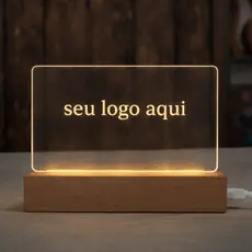 Luminária LED Personalizada em Acrílico – Com o Seu Logo | Base de Madeira Luz Branco Quente