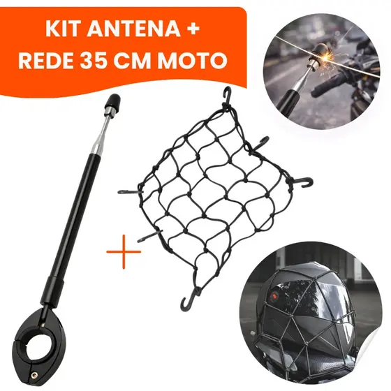 Kit Antena com ou sem Rede Elástica Moto Aranha Capacete Bagageiro Guidão Segurança Corta Pipa Aço Inox