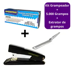 Kit Grampeador Metal + 5.000 Grampos 26/6 Galvanizados + Extrator de Grampos Escolar Escritório MASTERPRINT