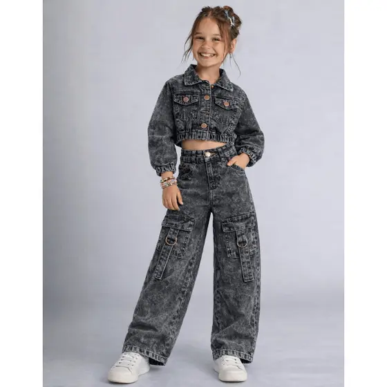 Conjunto Jeans Infantil Feminino Cargo Menina Fashion Modinha Calça Blusa Grafite Estonada Blogueira